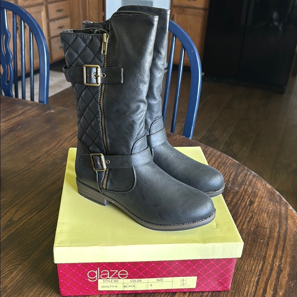 Glaze Black Combat Moto Boots Lace-Up Ankle
